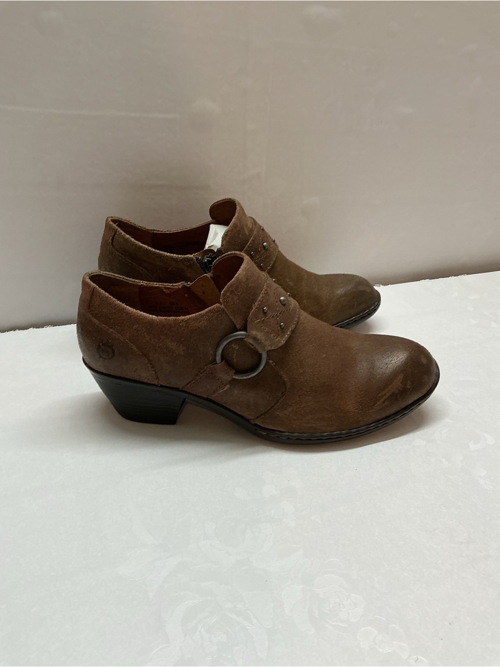 Born Brown Suede Heeled Ankle Boots with Ring Detail